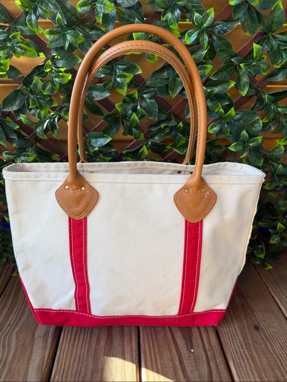 Vintage L.L. Bean Cream Canvas Tote with Red Trim and Tan Leather Handles - Picture 2 of 6